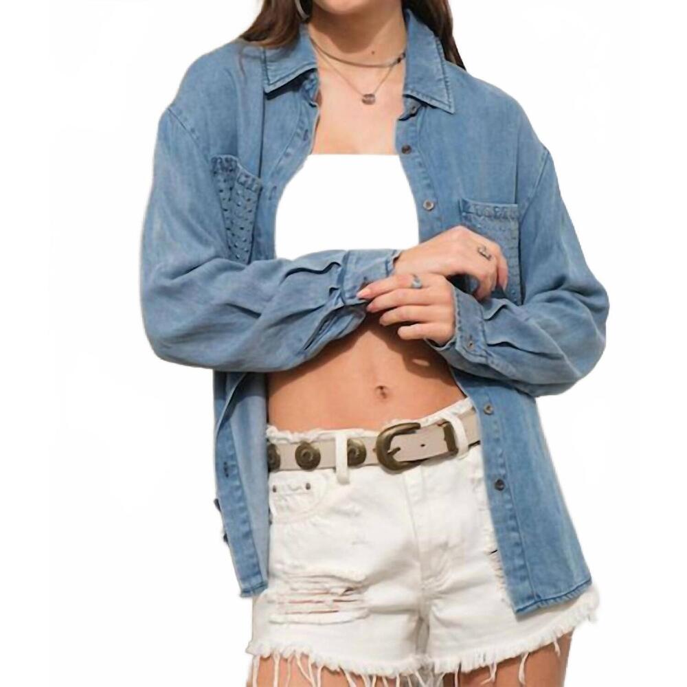 NEW BLUE B rocksteady denim button-up top in blue